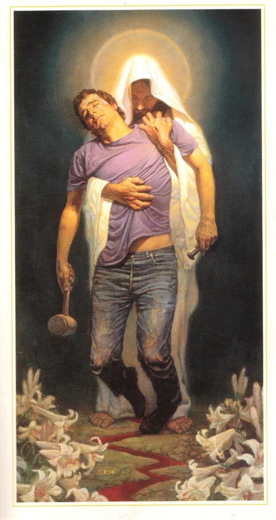 'I Am Forgiven' — the risen Christ embracing a weary man, a mallet in the man's hand, white doves at their feet, a bloodstained path behind